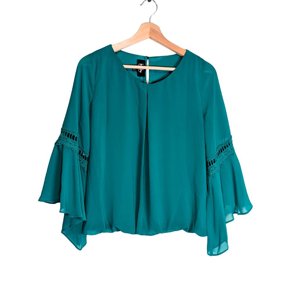by & by Women's Large Blouse Top Shirt Emerald Green Bell Sleeve